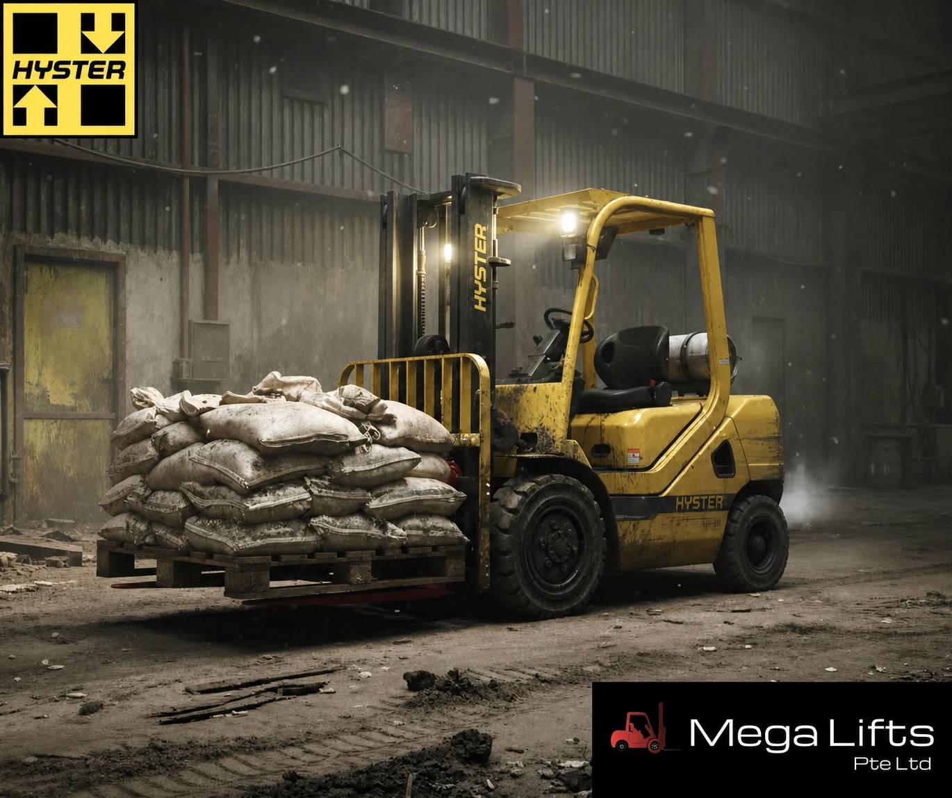 Forklift moving a pallet in an industrial warehouse