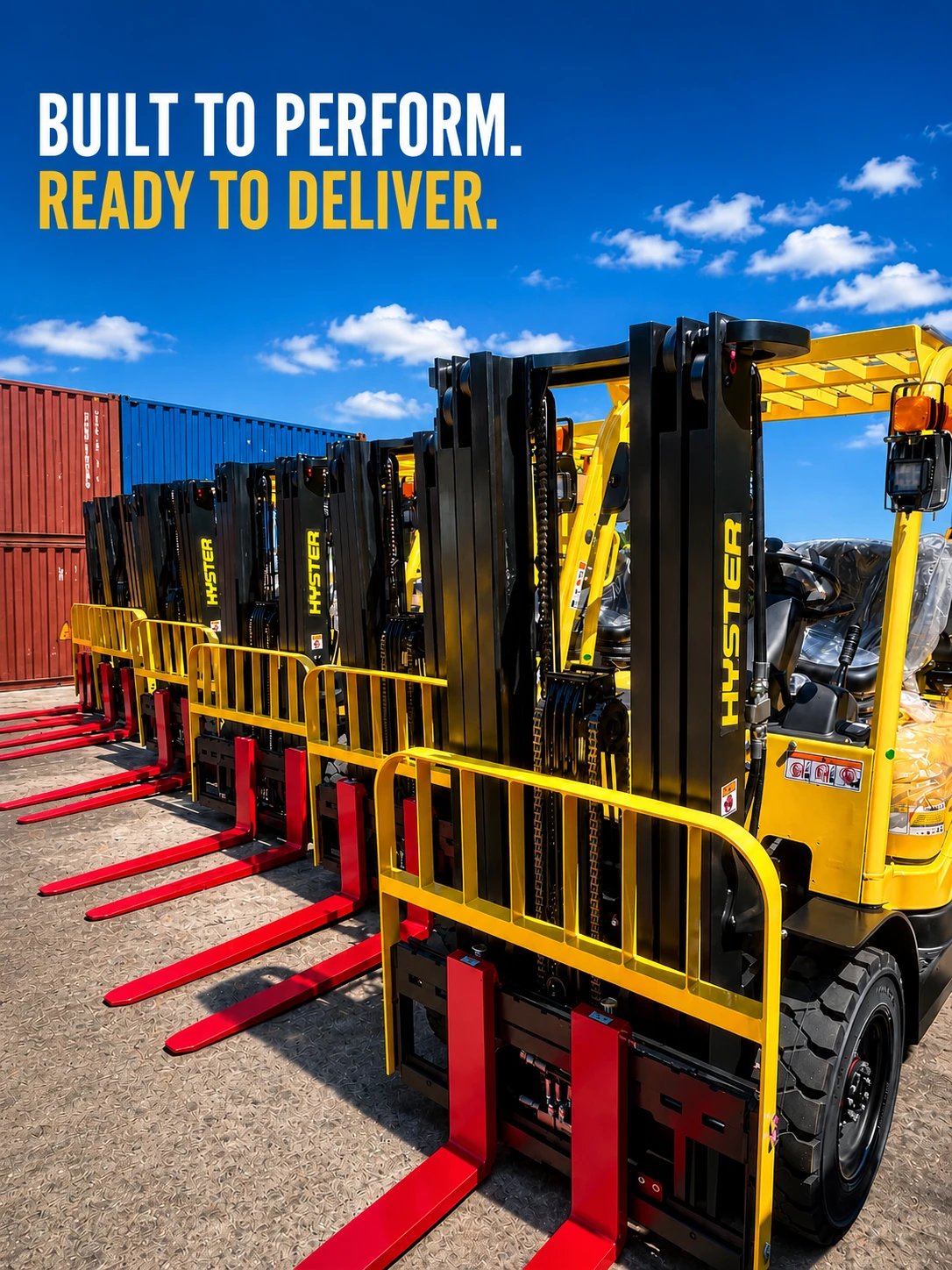 A lineup of yellow forklifts ready for work